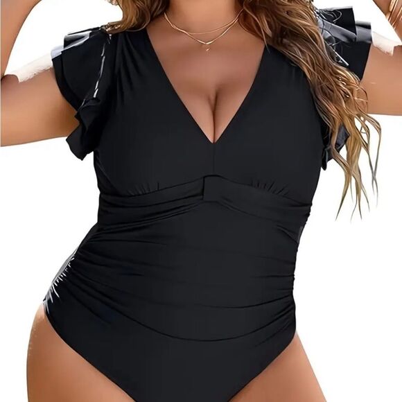 Stunner Black Ruffle Sleeve Swimsuit Size 1XL - Picture 1 of 6